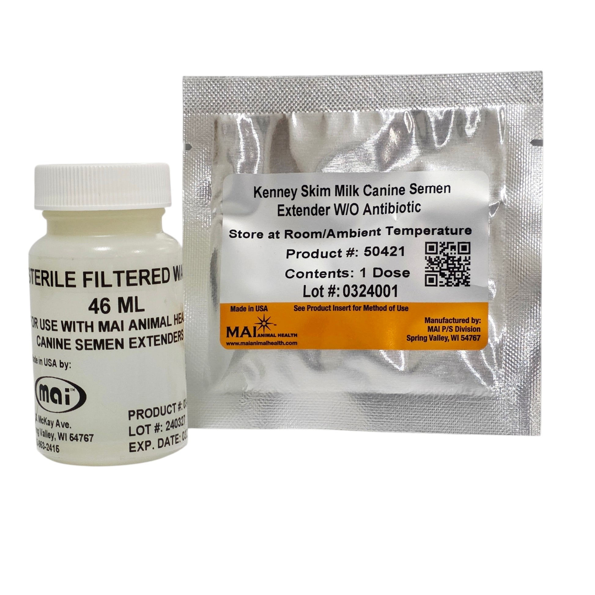 A 46 mL bottle of Mai Animal Health sterile filtered canine semen extender next to a silver foil single-dose packet of Kenney Skim Milk Canine Semen Extender WIO Antibiotic, both showing product labels and a Mai logo, on a white background.