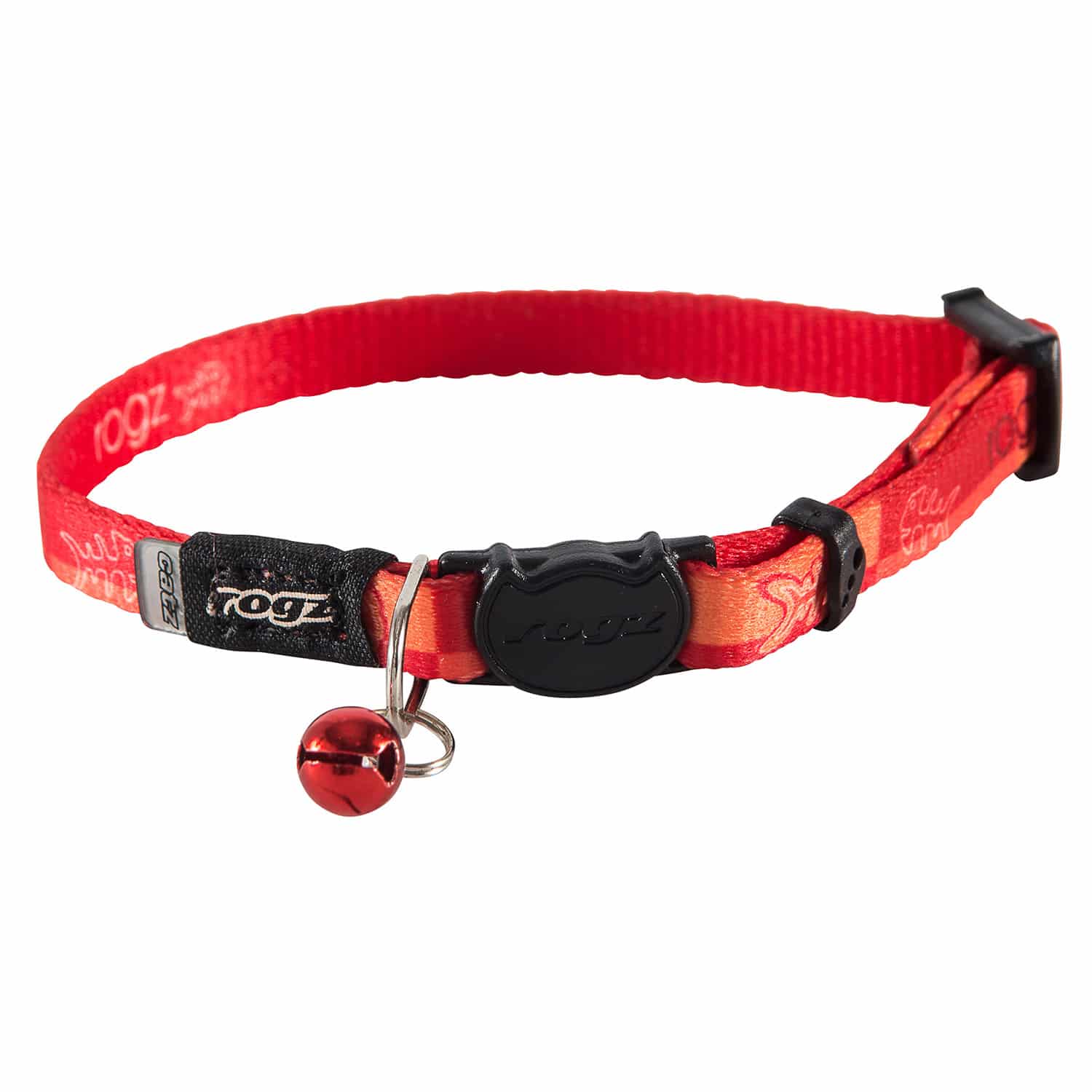 Red Rogz KiddyCat cat collar with black buckle and bell on a white background