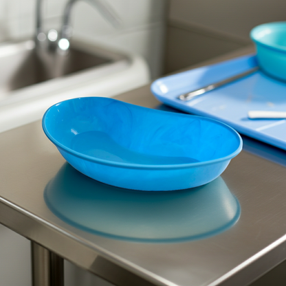 Blue Kidney Dish on a veterinary bench.