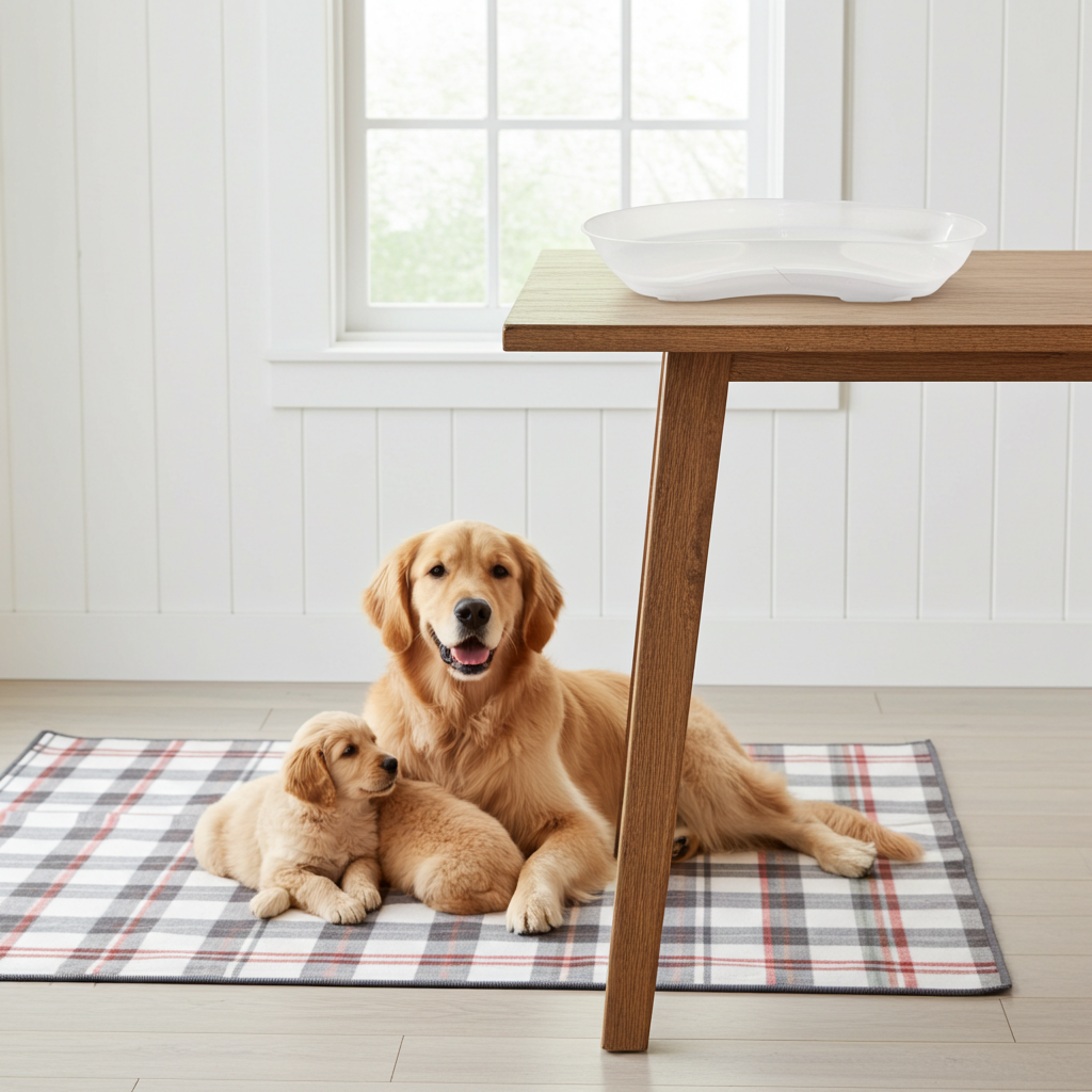 Mum dog and pups on a plaid mat in a room with a kidney dish on a wooden table and white walls.