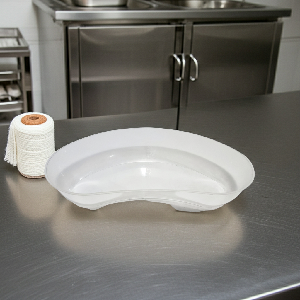 Kidney dish on a stainless steel surface with hospital cupboards in the background