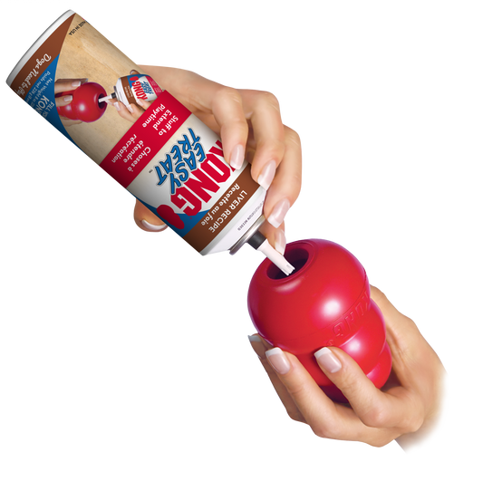 A hand holding a red KONG Easy Treat Paste container with a nozzle, dispensing the treat paste onto a Kong Classic red KONG toy.