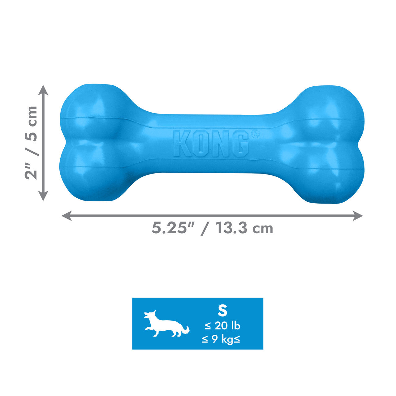 Blue KONG Puppy Goodie Bone Dog dog toy with dimensions and weight capacity on a white background