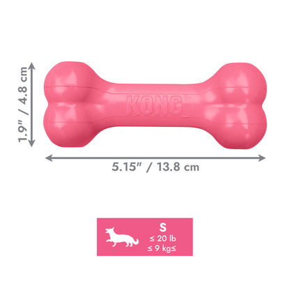 Pink KONG Puppy Goodie Bone dog toy with dimensions and weight capacity on a white background
