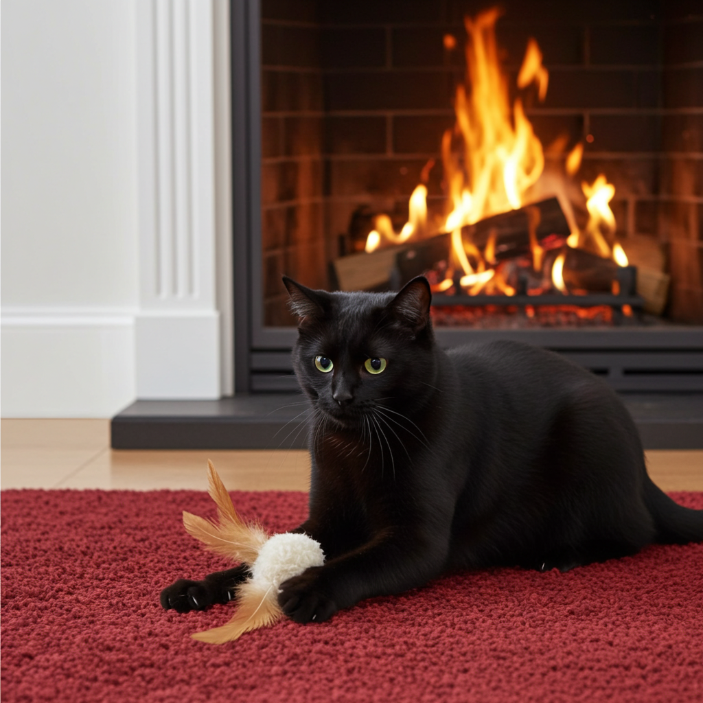 Black cat playing with a feather toy on a red rug in front of a fireplace.
