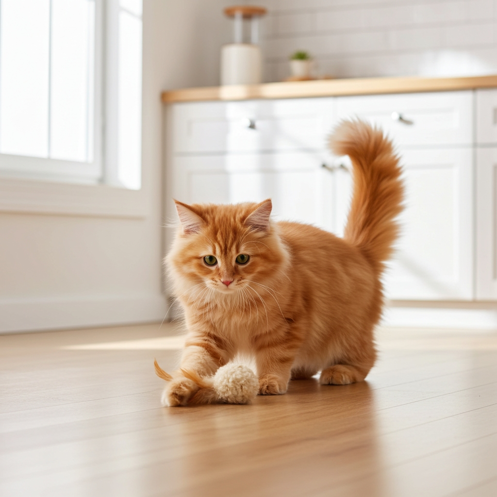 Orange kitten playing with a AFP Lambswool Cat Ball with Soundchipwalking on a wooden floor in a kitchen