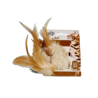 AFP Lambswool Cat Ball with Soundchip Cat toy with feathers in front of an AFP branded packaging on a white background
