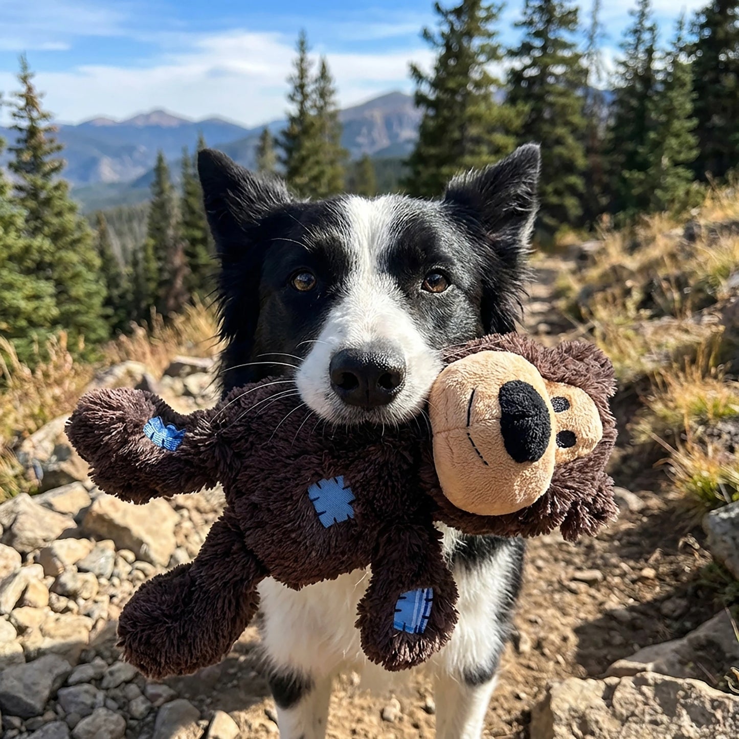Dog holding a KONG Wild Knots Bear plush toy in a mountainous landscape