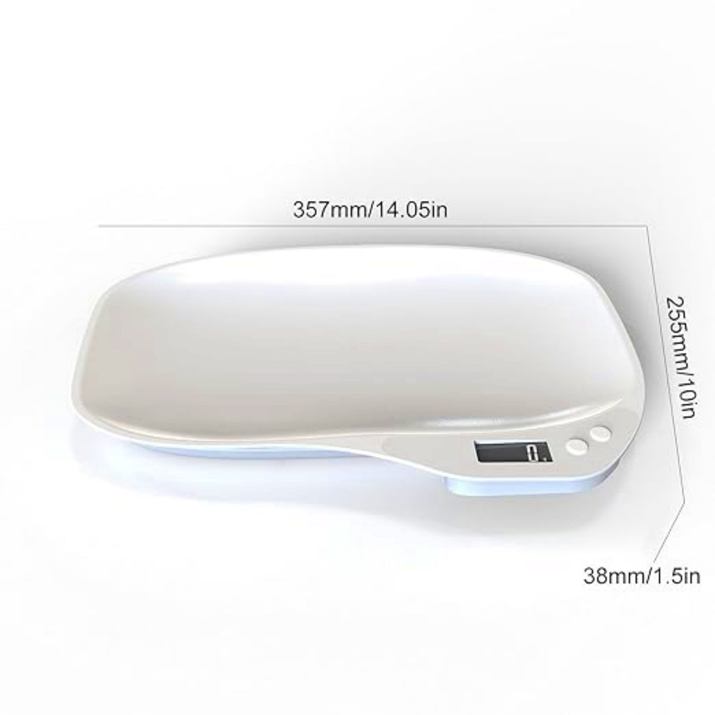White electronic pet scale with dimensions labeled on a white background