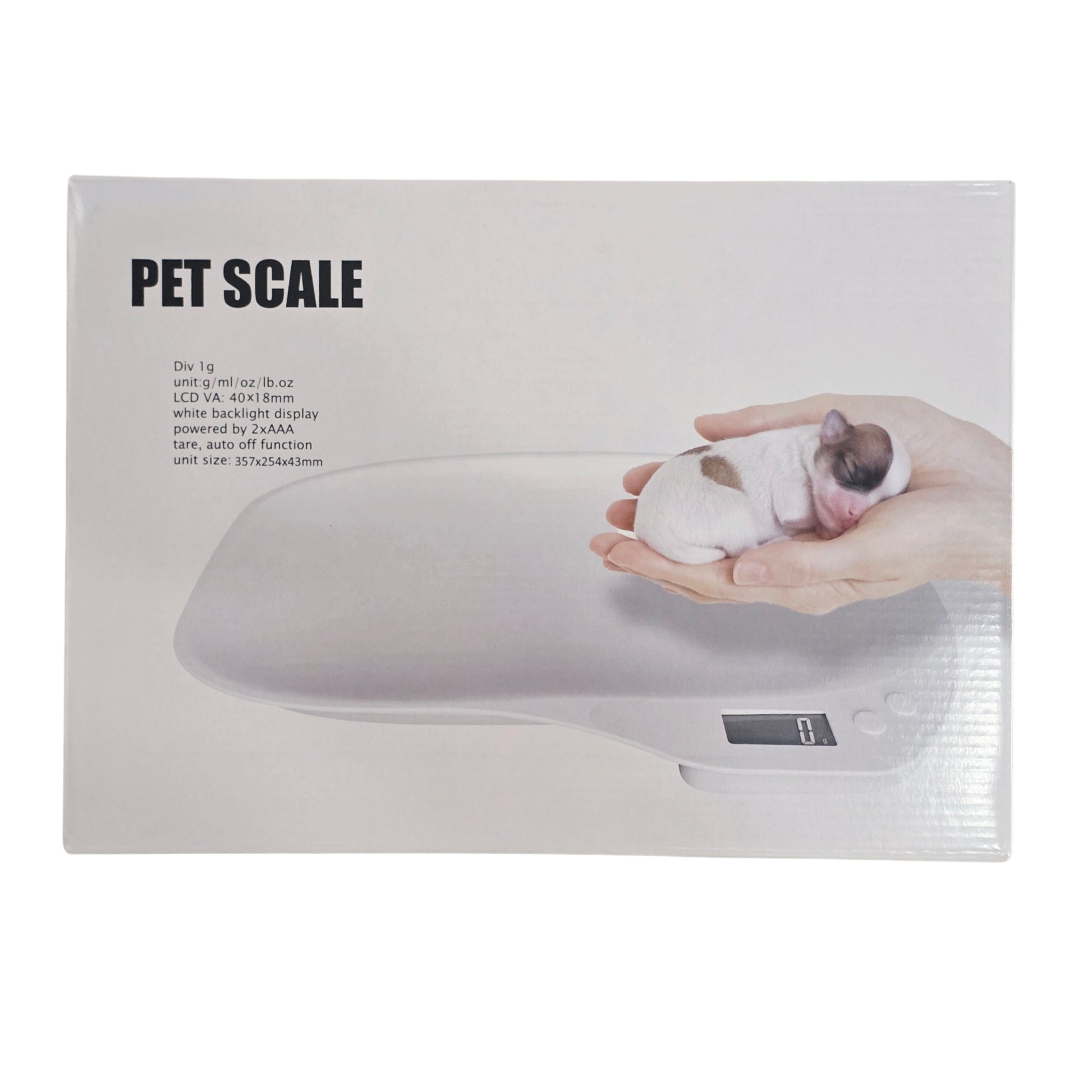 Pet scale packaging with a hand holding a small puppy on a white background