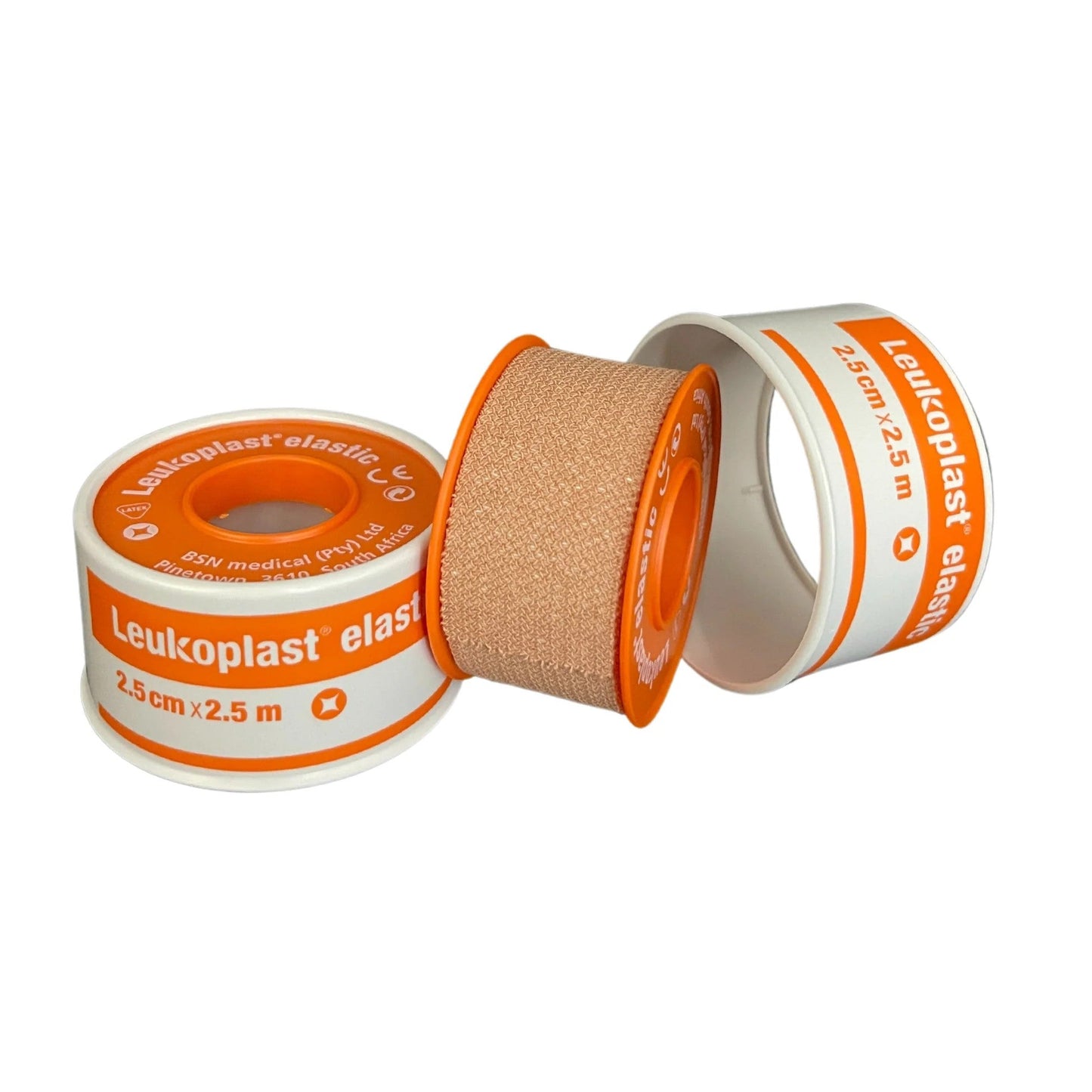 Leukoplast elastic bandage with orange and white packaging on a white background