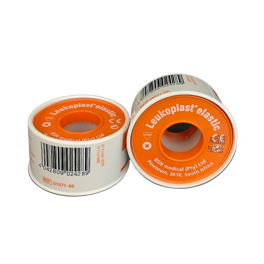 Two Leukoplast elastic bandage rolls on a white background