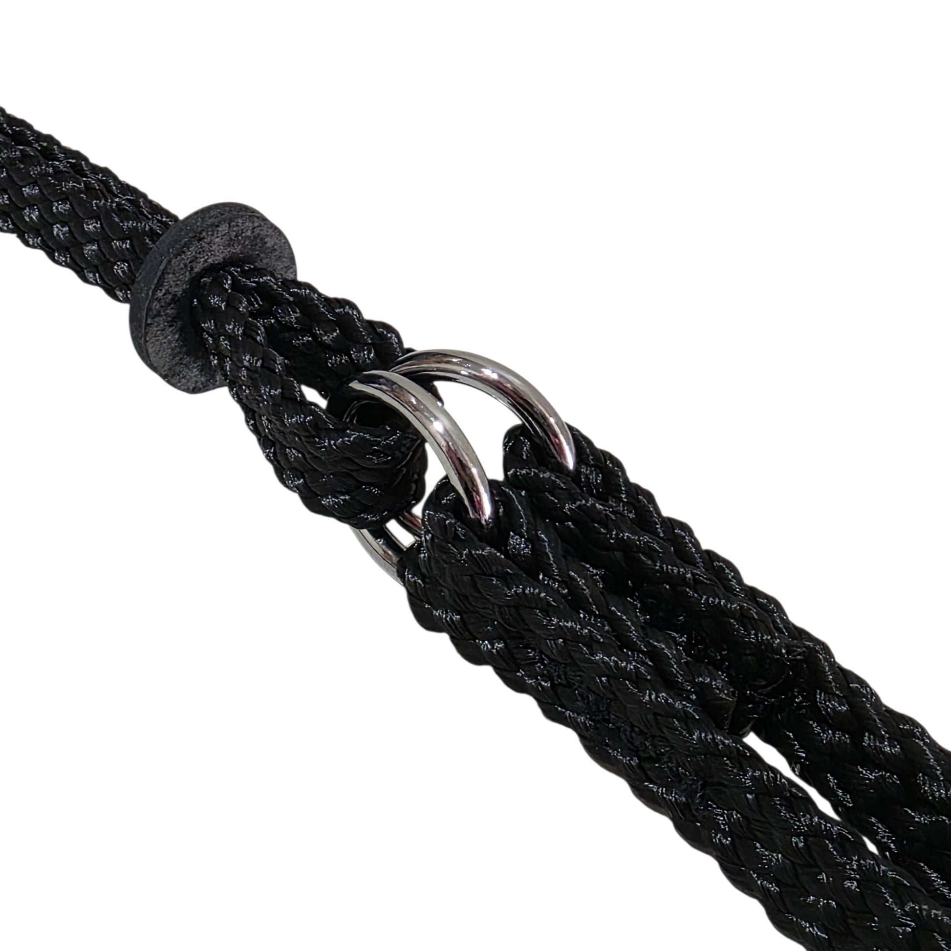 Close-up of a black martingale lead with metal ring on a white background