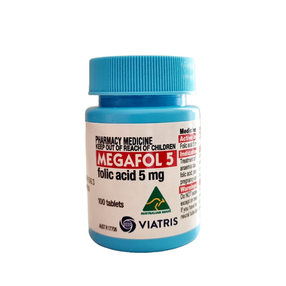 A bottle of MEGAFOL 5 folic acid 5mg tablets by Viatris on a white background.