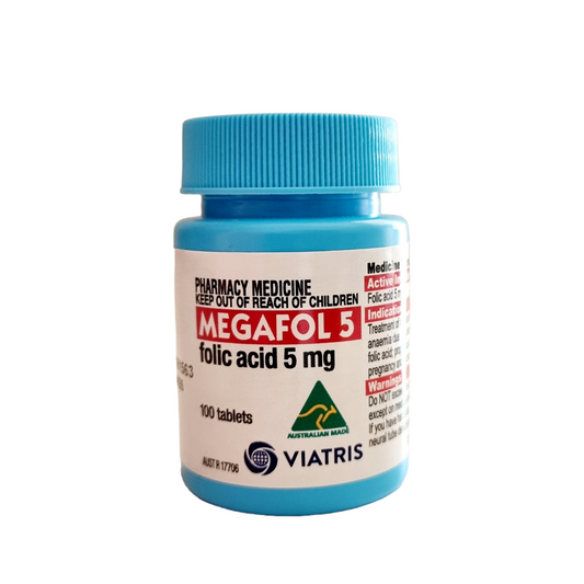 A bottle of MEGAFOL 5 folic acid 5mg tablets by Viatris on a white background.