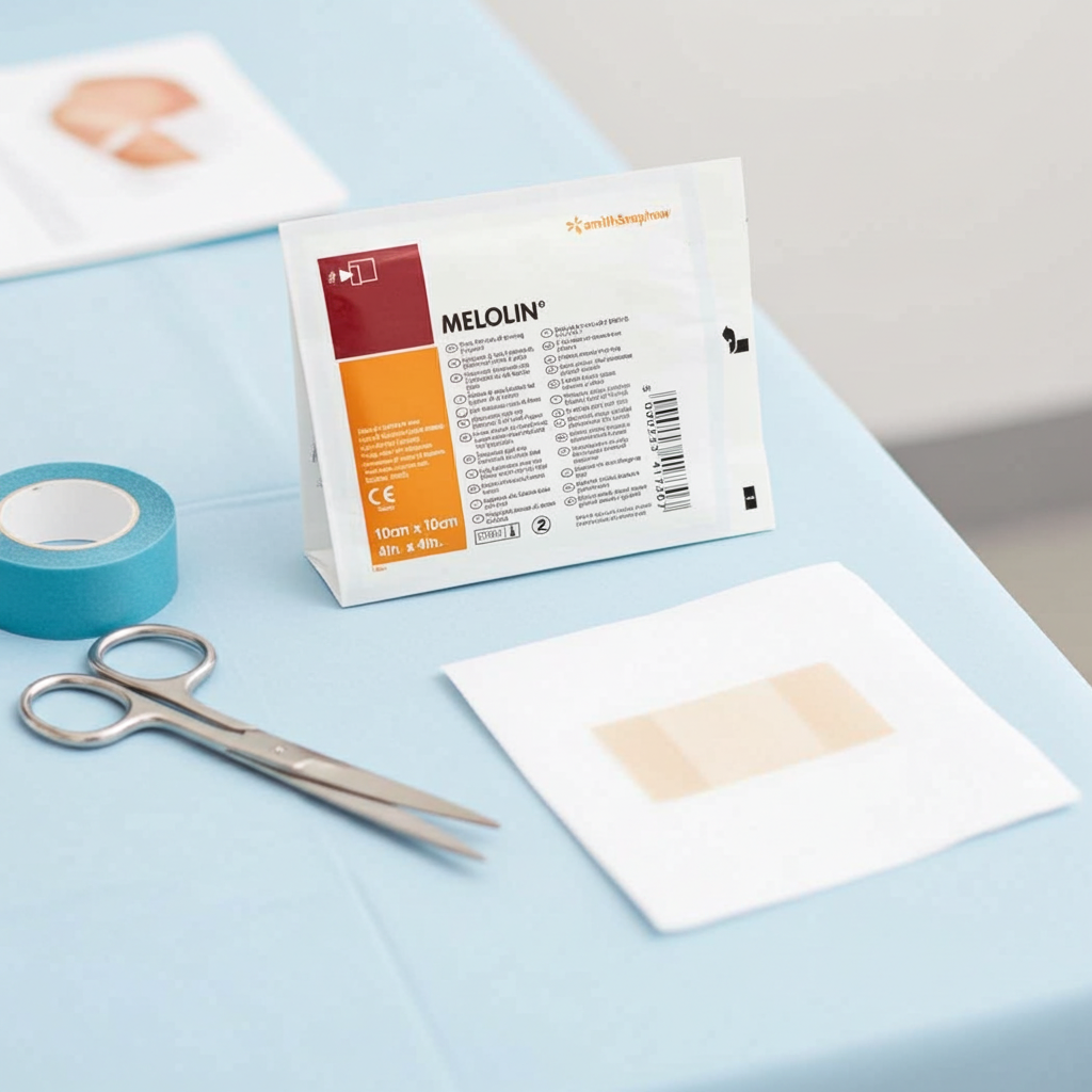 Melolin bandage package with a bandage and scissors on a light blue surface