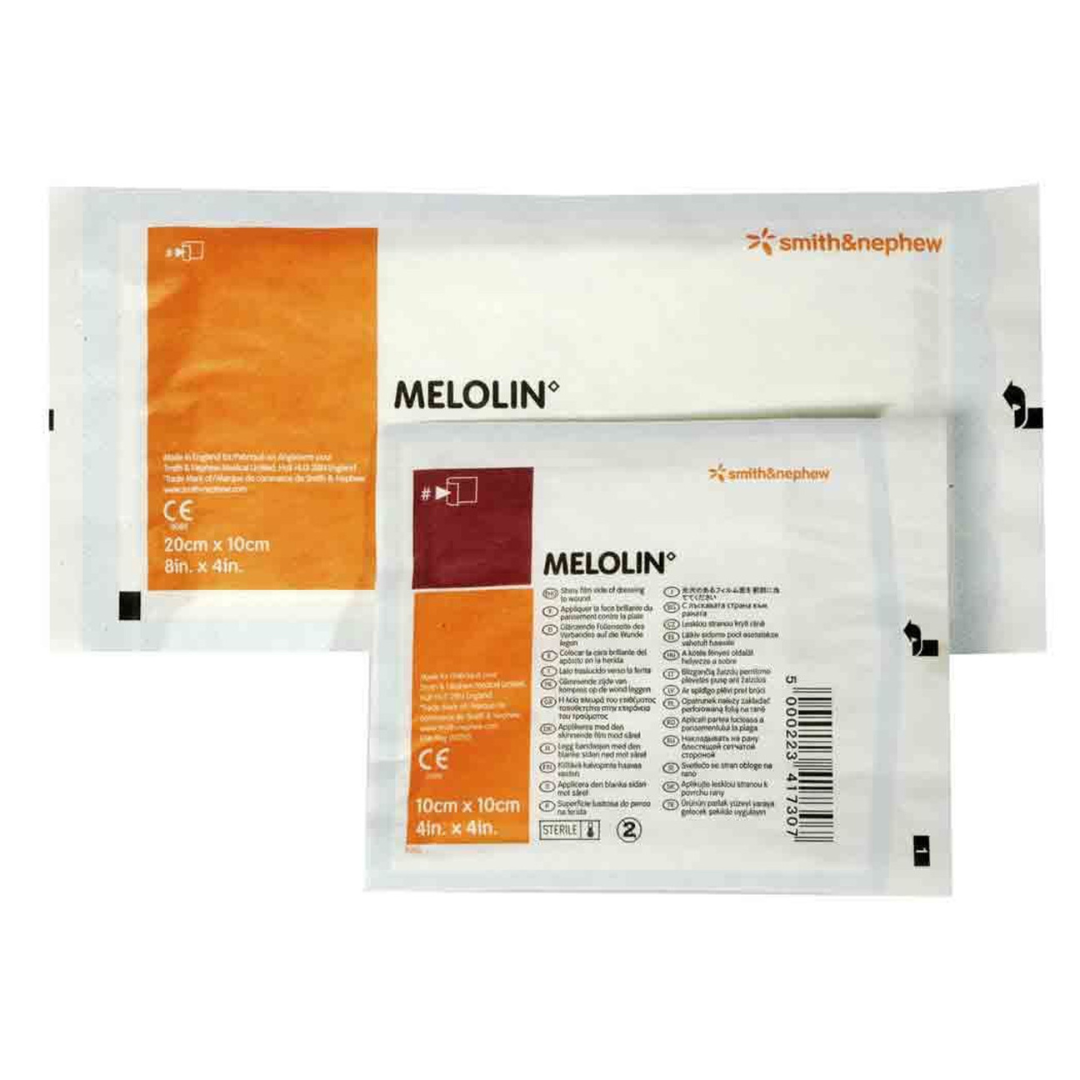 Packaging of Melolin dressings, showing a sterile dressing pad and its packaging with brand and product information.