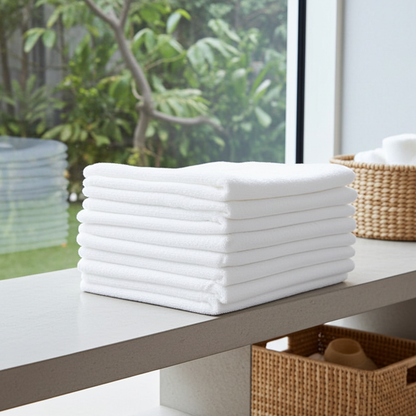Stack of white microfibre towels on a surface with a blurred green outdoor background