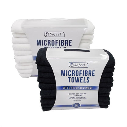 Two packs of microfibre towels, one in white and one in black, each pack contains 10 towels.