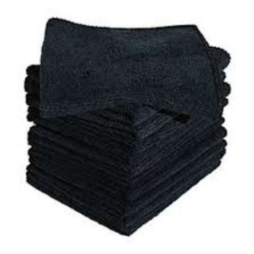 Stack of 10 black folded microfibre towels on a white background