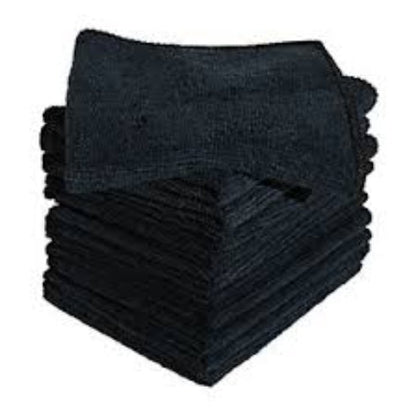 Stack of 10 black folded microfibre towels on a white background