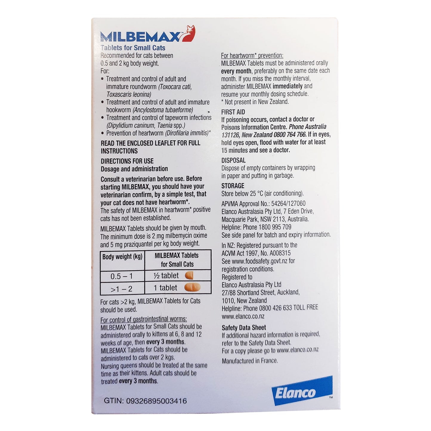 Milbemax for Small Cats 0.5kg to 2kg | 2 Tablets