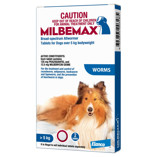 MILBEMAX dog worming treatment packaging with a dog on the label