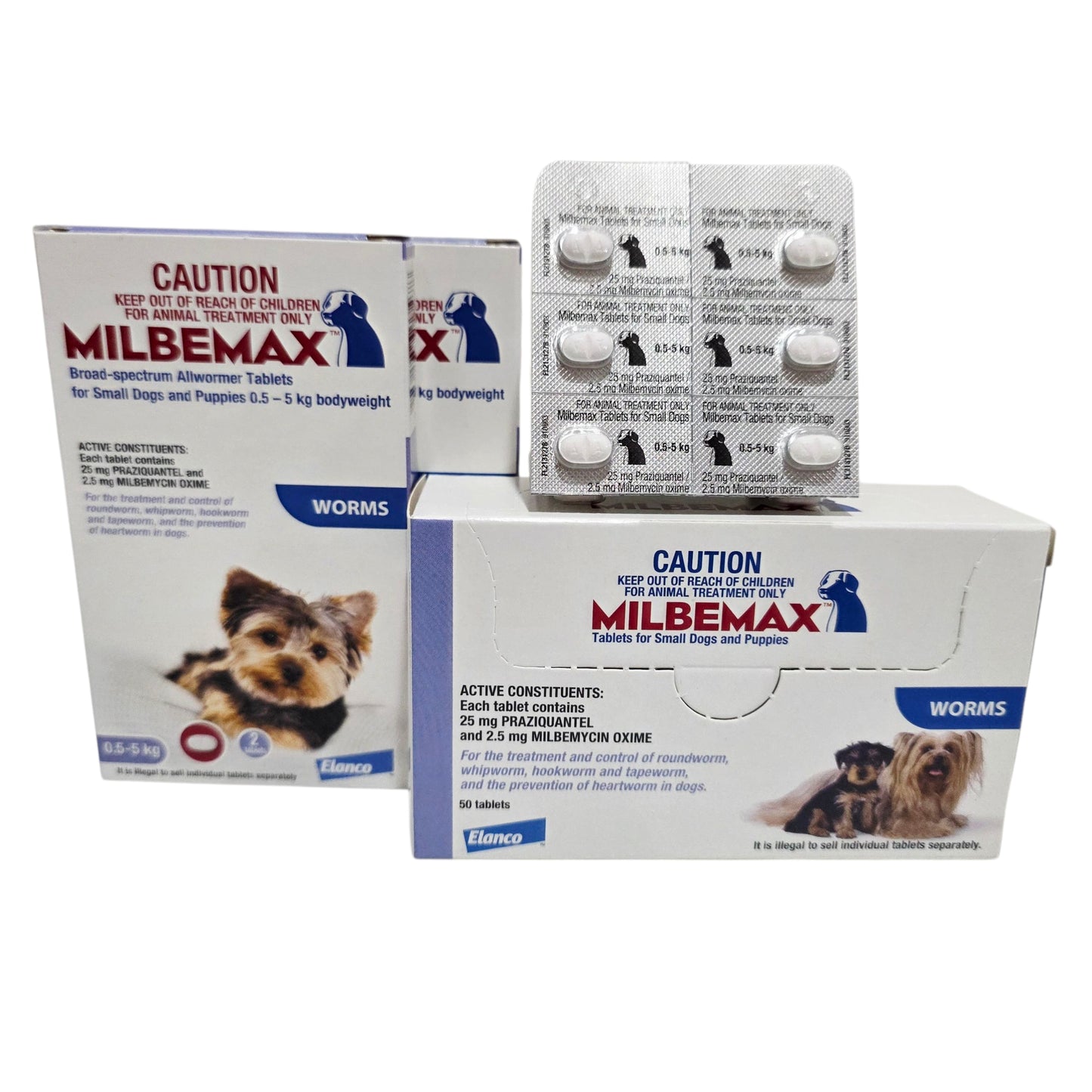 Milbemax packaging for dogs with tablets and boxes on a white background