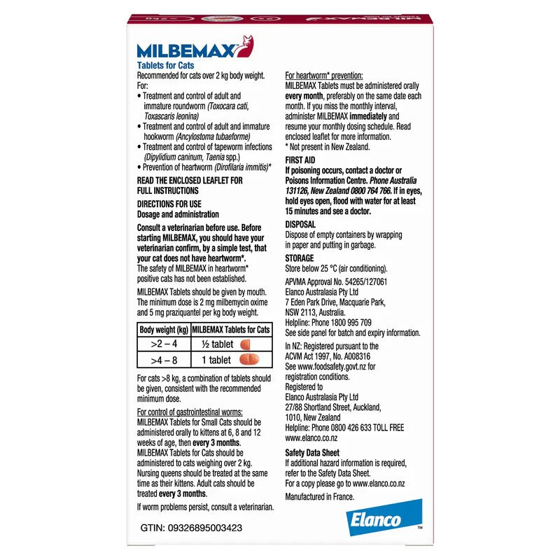 Rear of the Package of Milbemax Tablets for cats over 2kg with text and branding on a white background