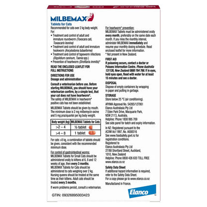 Rear of the Package of Milbemax Tablets for cats over 2kg with text and branding on a white background