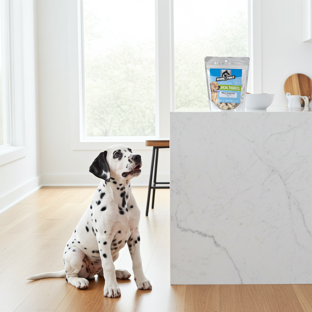 Dalmatian dog sitting on a wooden floor with a package of milk crunchies treats on a counter in the background.