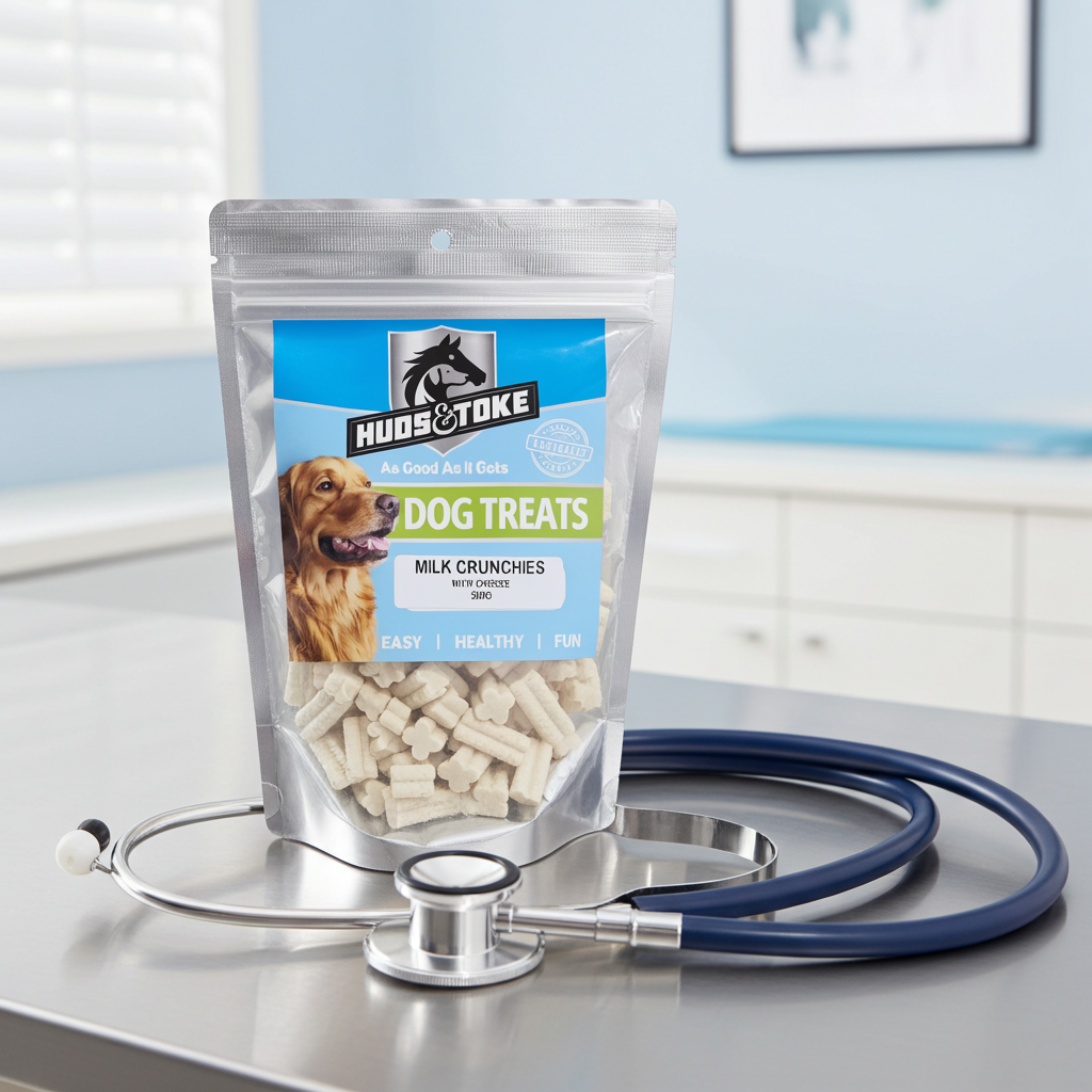 Package of Huds & Toke dog treats with a stethoscope on a surface.