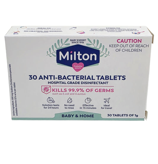 Box of Milton anti-bacterial tablets on a white background
