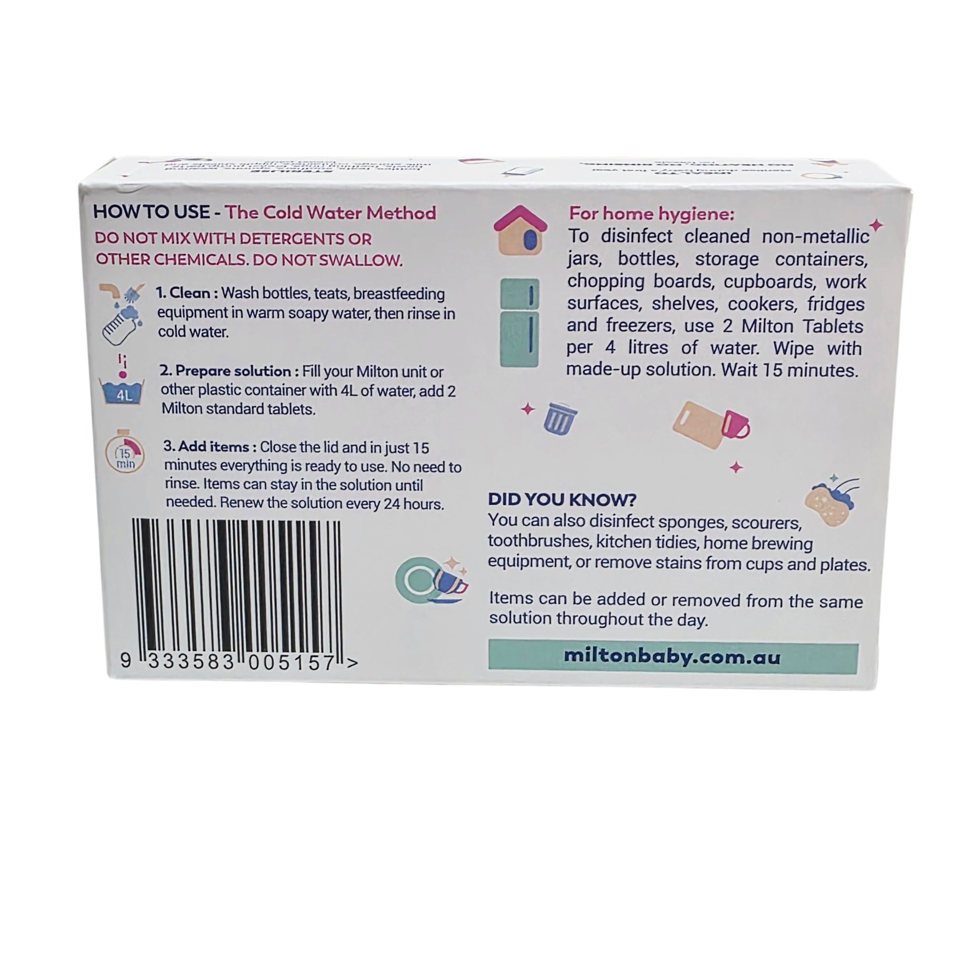 Milton baby product packaging with usage instructions on a white background
