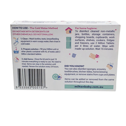 Milton baby product packaging with usage instructions on a white background
