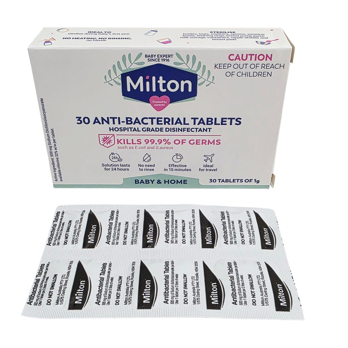 Milton anti-bacterial tablets packaging with tablets displayed below on a white background