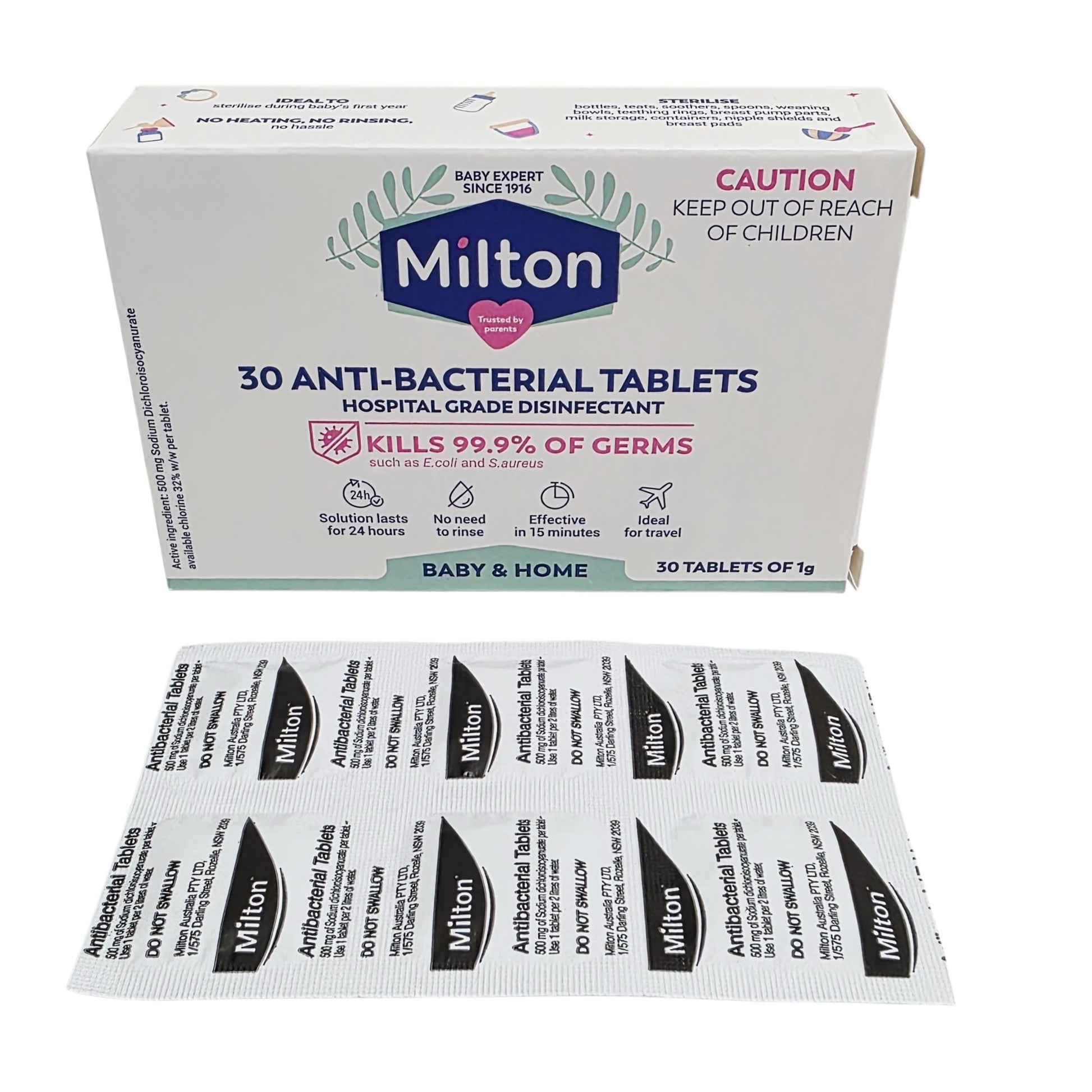 Milton anti-bacterial tablets packaging with tablets displayed below on a white background