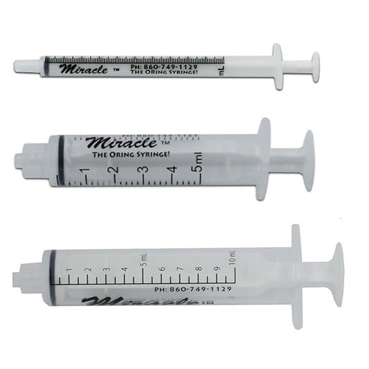 A set of three syringes in different sizes, labeled 'Miracle O'ring Syringe' with measurement markings on the sides.