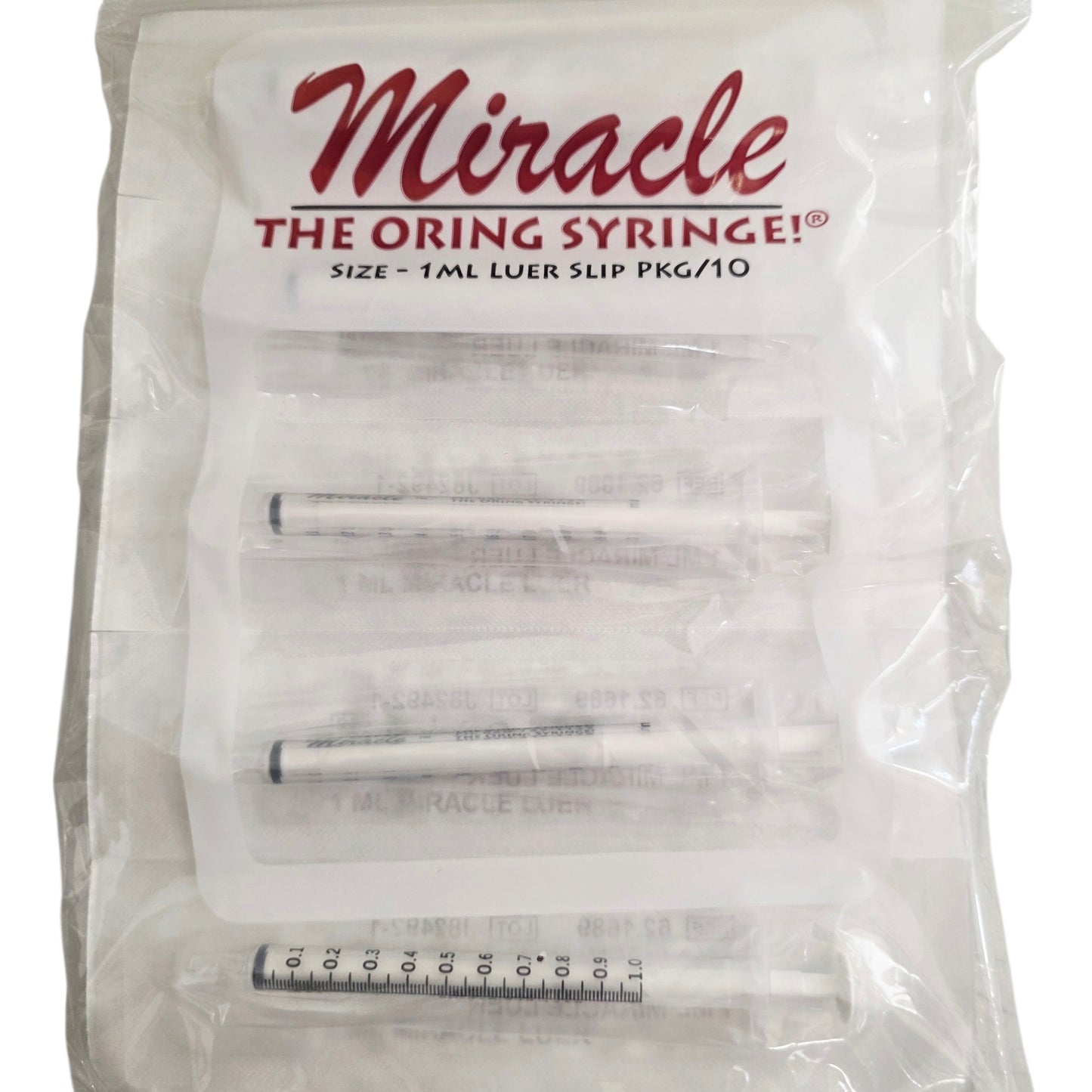 Packet of 10, 1mL syringes with 'Miracle' branding on a white background