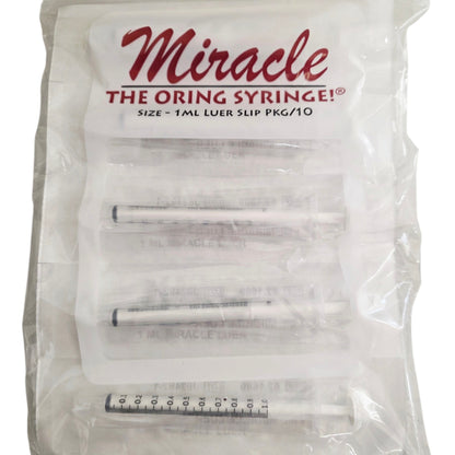Packet of 10, 1mL syringes with 'Miracle' branding on a white background