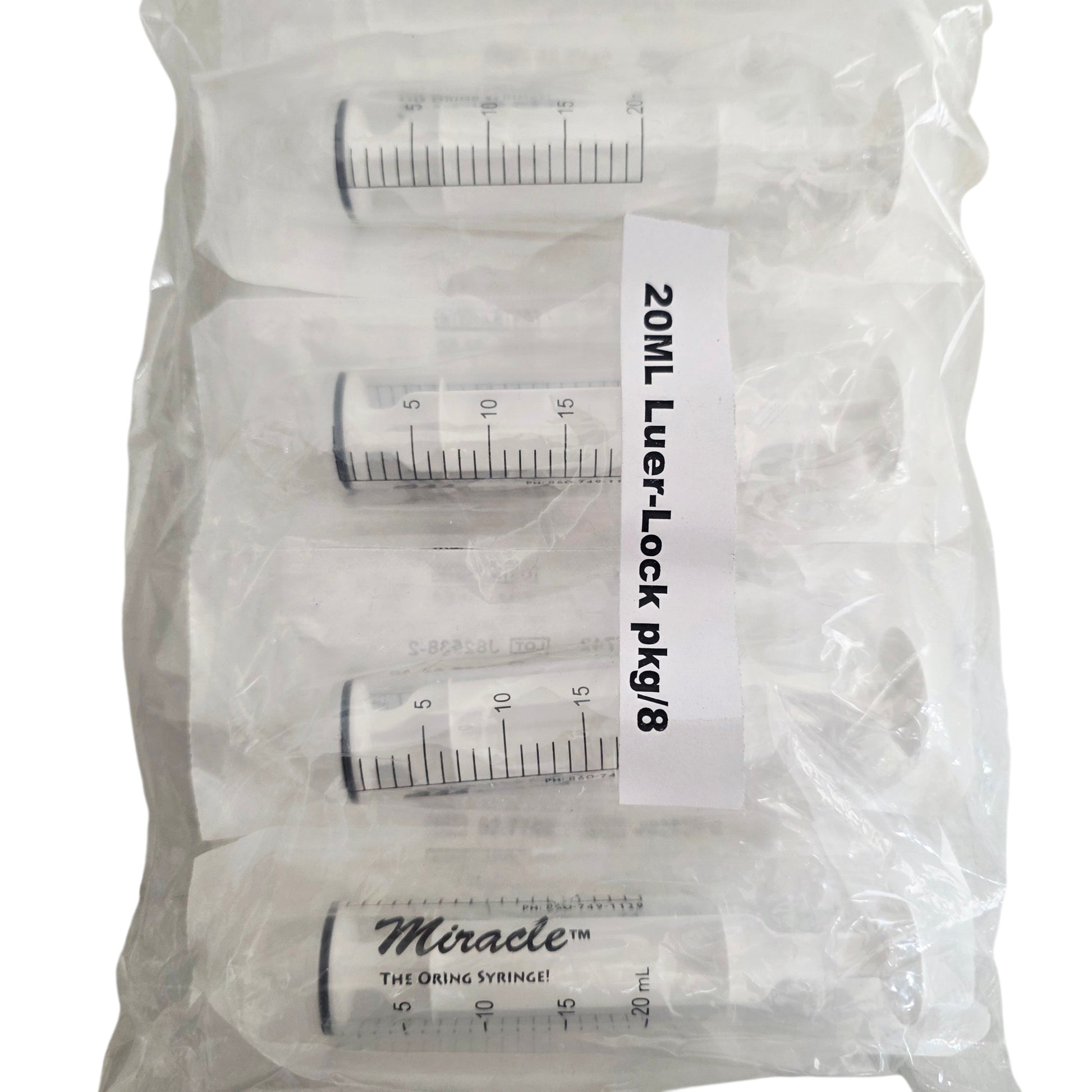 Packet of 8 O ring Miracle Luer-Lock syringes with measurement markings on a white background