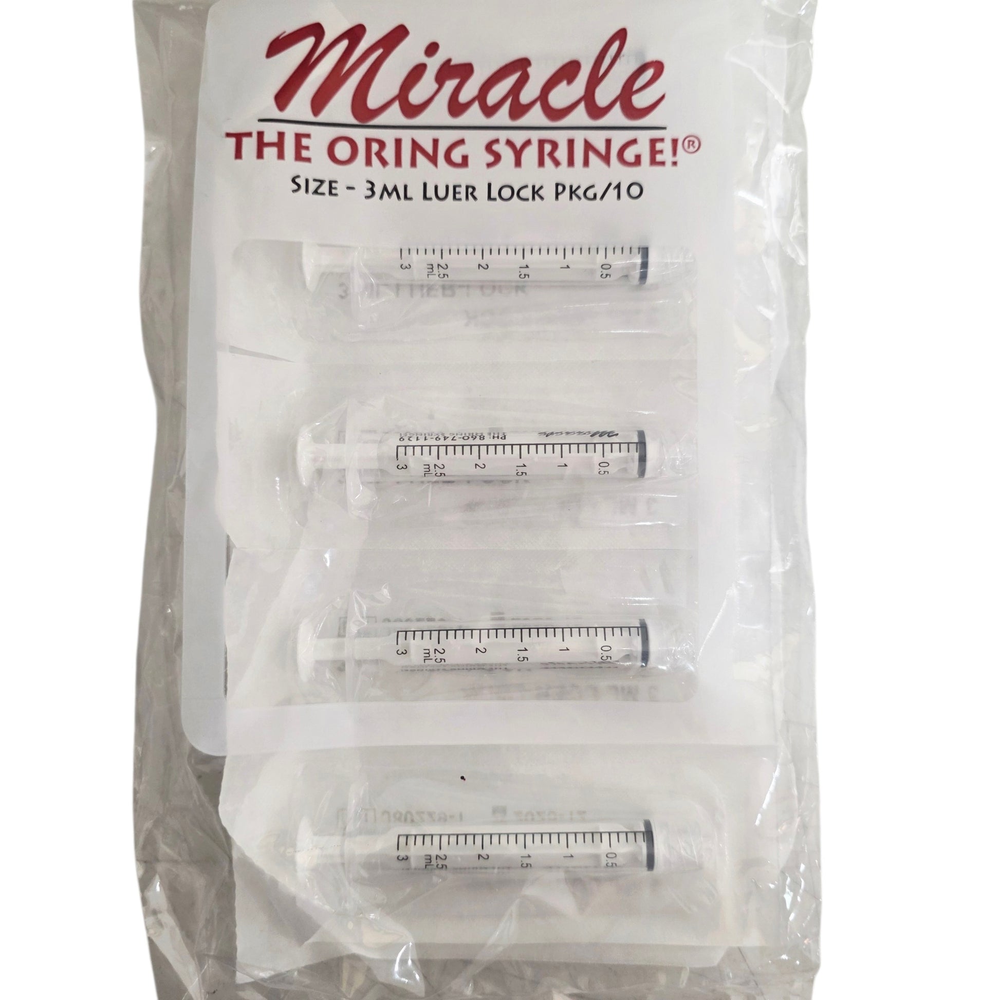 Packet of 10, 3mL Luer Lock syringes with 'Miracle' branding on a white background