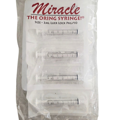 Packet of 10, 3mL Luer Lock syringes with 'Miracle' branding on a white background