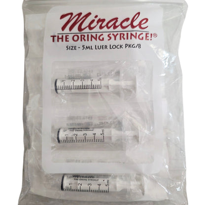 Packet of 8, 5mL luer lock syringes with 'Miracle' branding on a white background