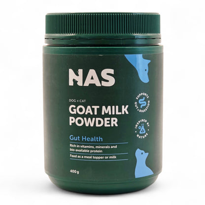 Container of NAS Goat Milk Powder for dogs and cats on a white background