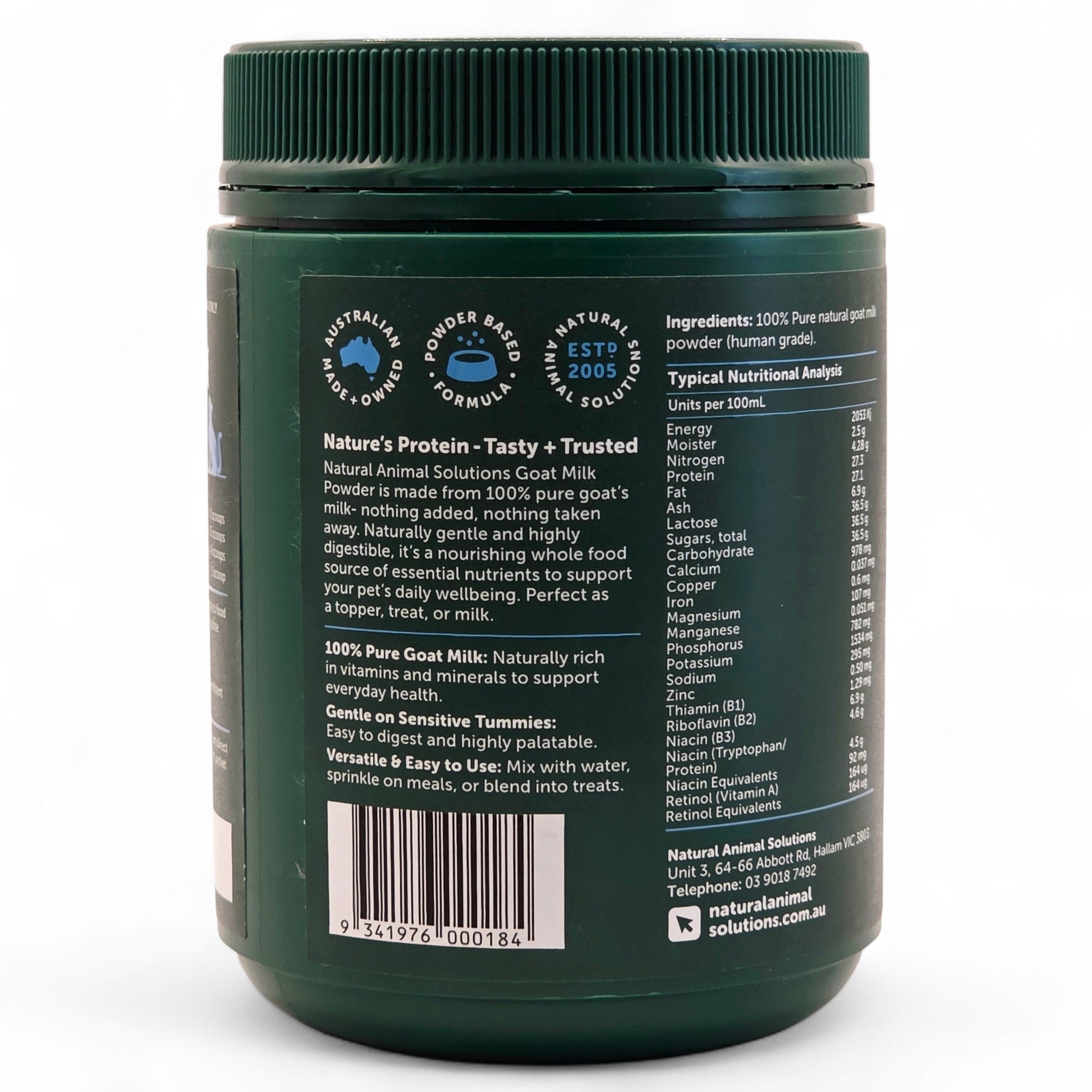 Back view of a green NAS Goat Milk container with information and a barcode on a white background