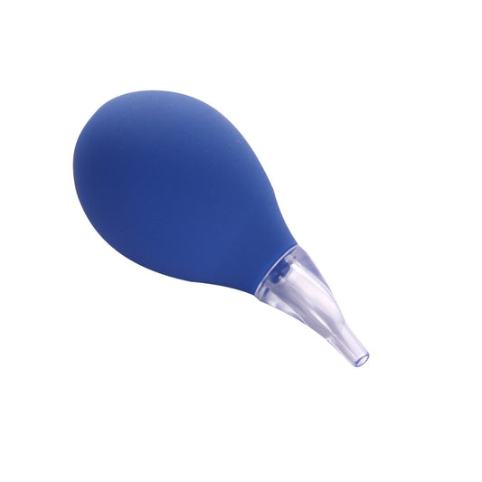 A blue bulb aspirator designed for removing fluids from the nose and throat.