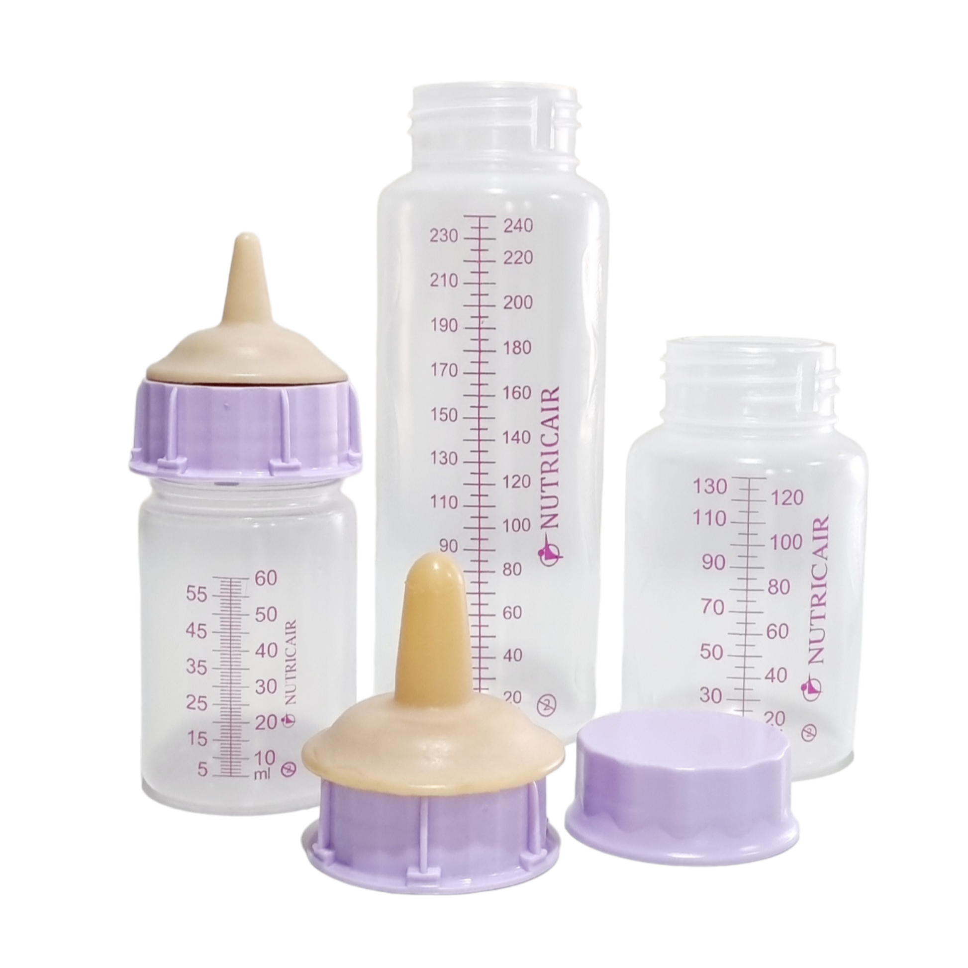 Set of Nutricair baby bottles with miracle nipple teats on a white background