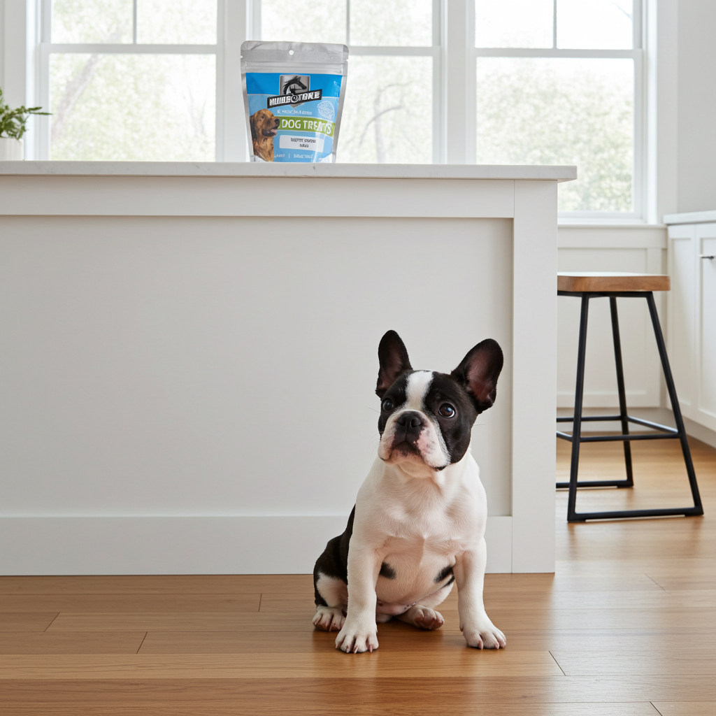Small black and white dog sitting on a wooden floor with a package of dog treats on a windowsill in the background.