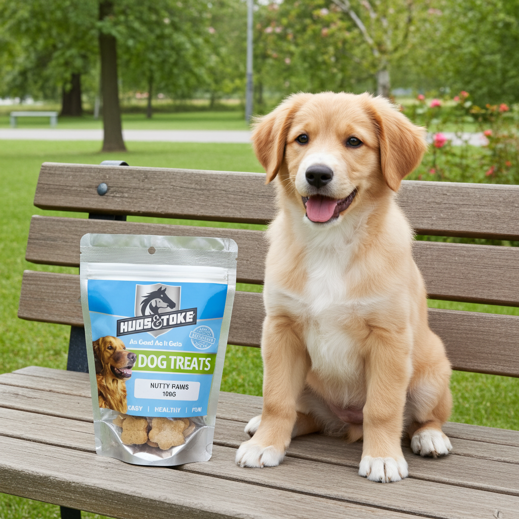 Dog sitting on a bench with a package of Huds & Toke dog treats in the foreground.
